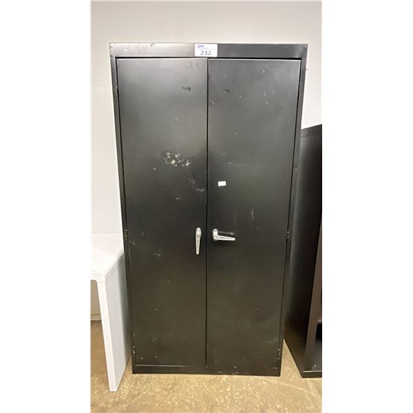 BLACK METAL 2-DOOR STORAGE CABINET & CONTENTS: CAULKING, HARDWARE, FIRST AID KIT & MORE
