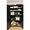 Image 2 : BLACK METAL 2-DOOR STORAGE CABINET & CONTENTS: CAULKING, HARDWARE, FIRST AID KIT & MORE