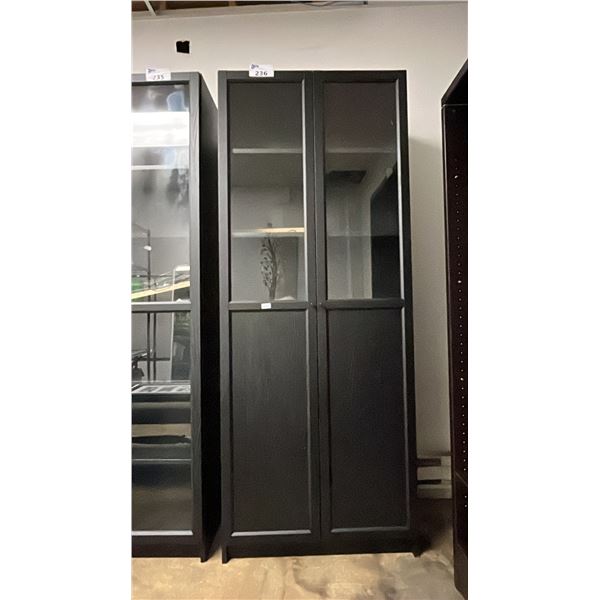 WOOD 6-TIER, 2-DOOR STORAGE CABINET WIRED FOR INTERIOR LIGHTING: APPROX. 79"T X 31"W X 11"D