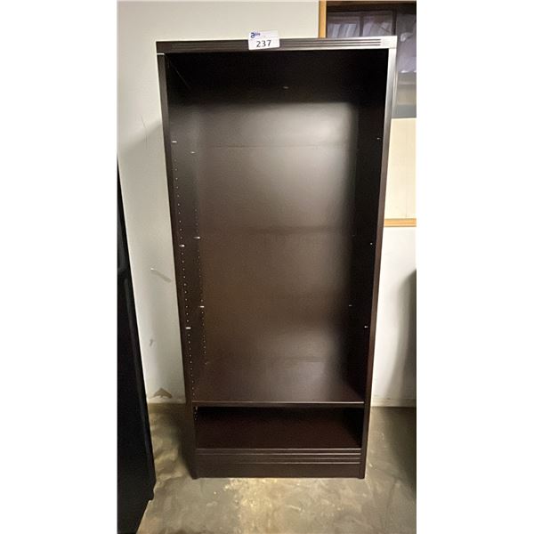 WOOD STORAGE SHELF: *HAS HARDWARE FOR 4 SHELVES, BUT ONLY HAS 1 SHELF* 71"T X 31.5"W X 14.25"D