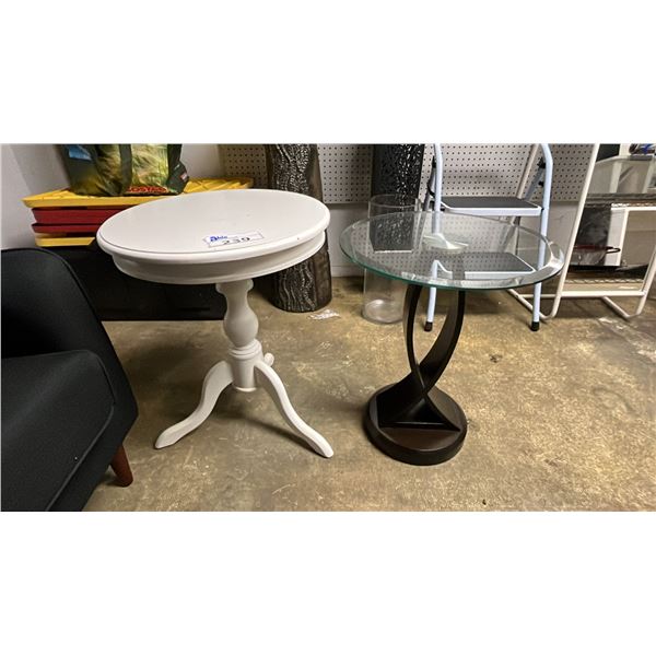 WHITE ROUND WOOD SIDE TABLE & GLASS TOP ROUND SIDE TABLE WITH WOOD BASE