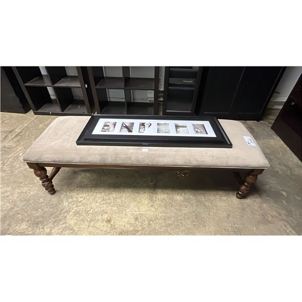 61" LONG UPHOLSTERED BENCH & (2) MATTED COLLAGE FRAMES