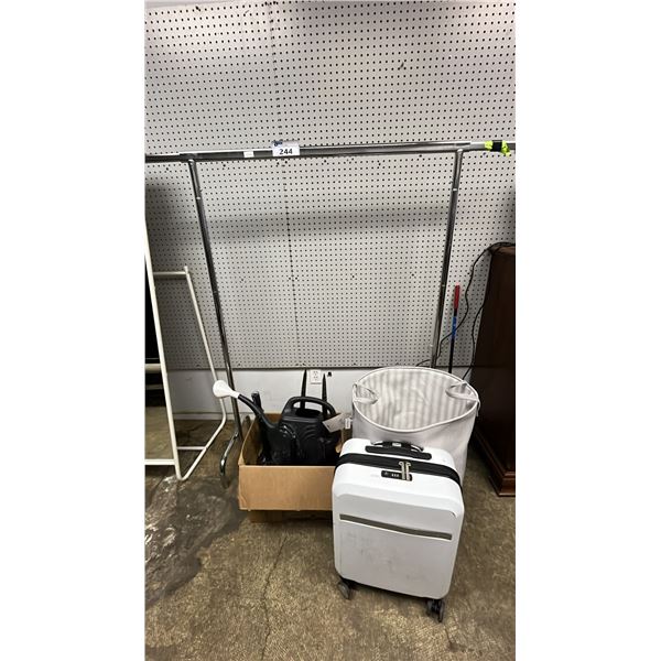 METAL CLOTHING RACK, LAUNDRY HAMPER, ROLLING CARRY ON LUGGAGE, SOLAR GARDEN LIGHTS & WATERING CAN