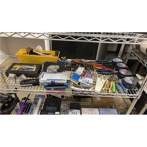 SHELF OF ASSORTED TOOLS: MEASURING TAPES, TORX BIT SOCKET SET, LED WORK LIGHTS & MORE