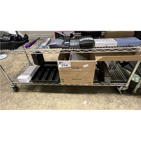 ENVELOPES, DRAWER ORGANIZER, BOX OF ASSORTED OFFICE SUPPLIES & 3-HOLE PUNCH