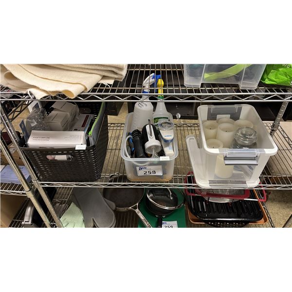 TOTE OF ASSORTED PET SUPPLIES, TOTE OF ASSORTED KITCHEN ITEMS & TOTE OF ASSORTED CANDLES