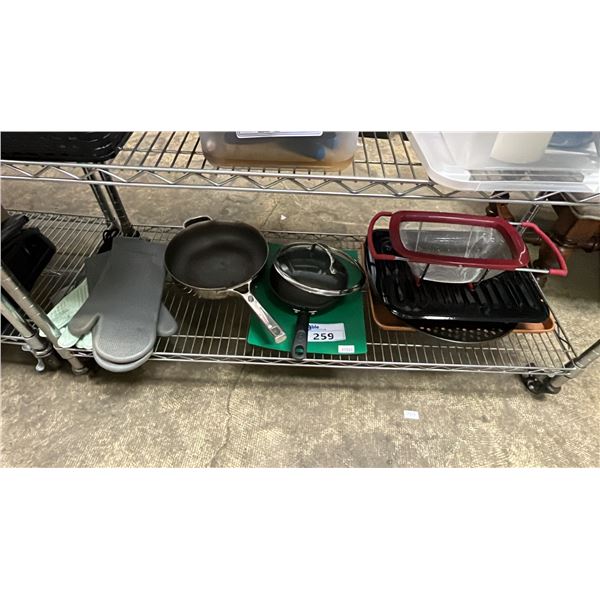 SHELF OF ASSORTED SAUTE PANS, BAKEWARE & OVEN MITTS