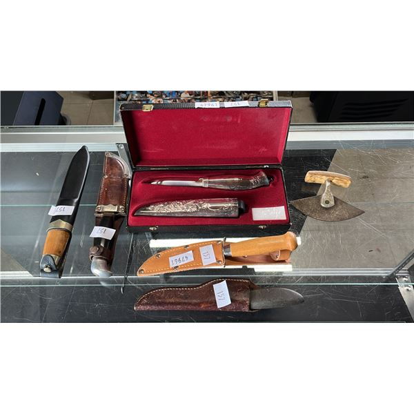 KNIFE WITH 925 SILVER HANDLE & SHEATH IN BOX, ULU KNIFE & (4) KNIVES WITH SHEATHS