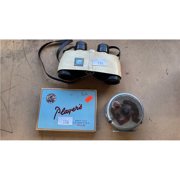 PRECISIONBILT SILVER MOTH FLY REEL, PLAYER'S CIGARETTE TIN & BUSHNELL EXPO BINOCULARS: ALL VINTAGE