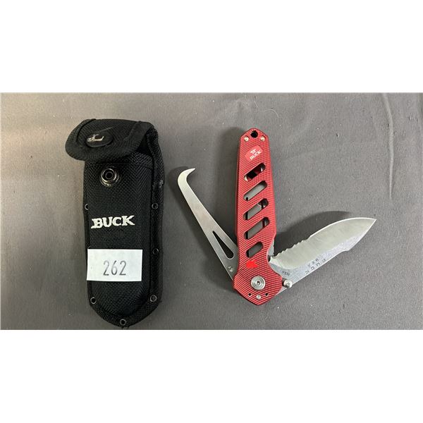 BUCK CROSSLOCK HOOFPICK WITH SHEATH: 3-1/4" PART SERRATED KNIFE & 3" STAINLESS STEEL HOOFPICK