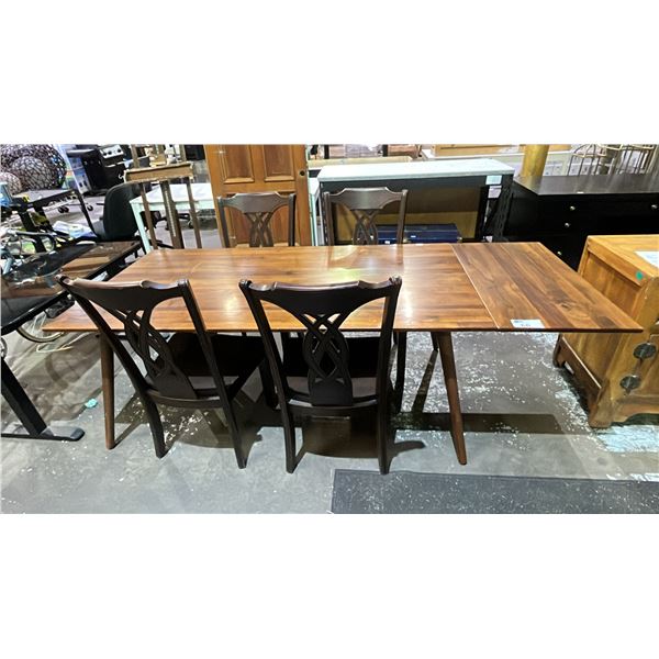 WOOD DINING TABLE (71" X 37.5" X 29") WITH END-CAP LEAF EXTENSION (19.5"W) & 4 DINING CHAIRS