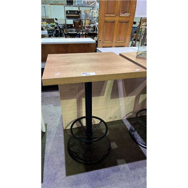 WOOD WITH METAL BASE BAR TABLE 30" X 30" X 43" (SOME COSMETIC TOP DAMAGE)