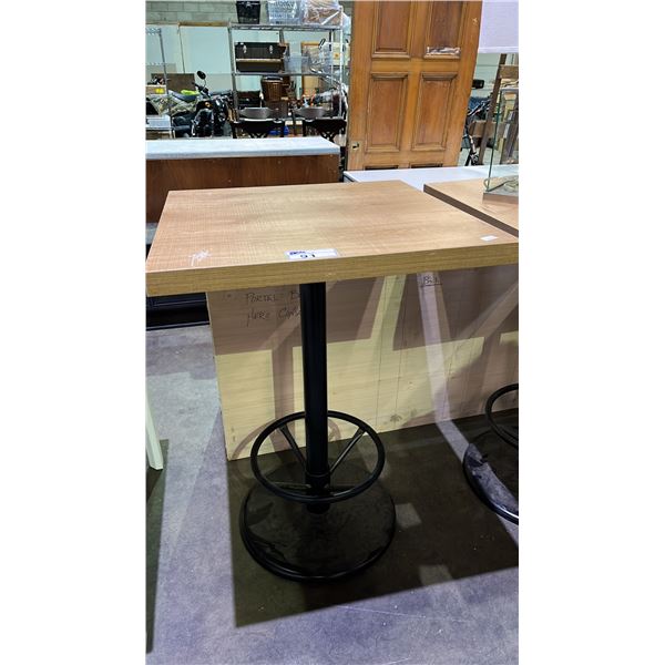 WOOD WITH METAL BASE BAR TABLE 30" X 30" X 43" (SOME COSMETIC TOP DAMAGE)