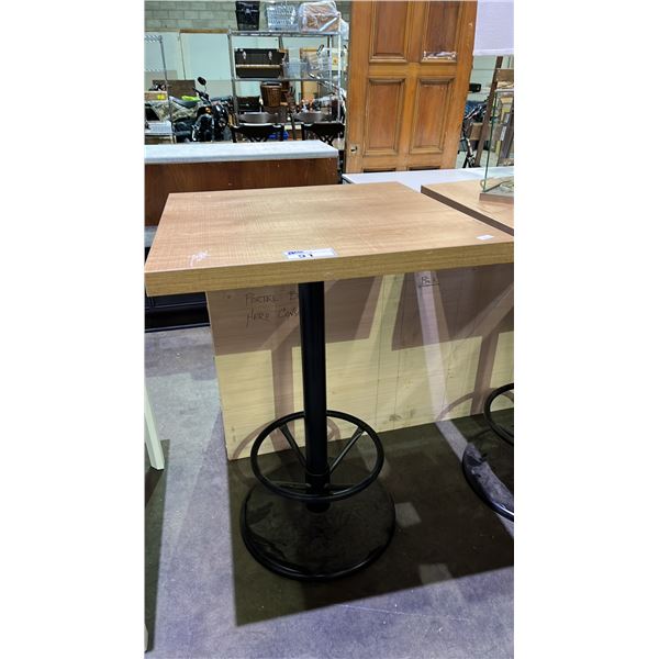 WOOD WITH METAL BASE BAR TABLE 30" X 30" X 43" (SOME COSMETIC TOP DAMAGE)