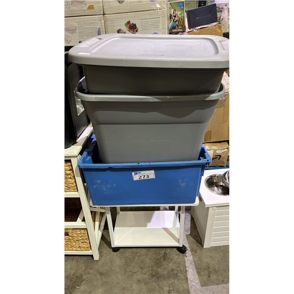 ROLLING CART (APPROX. 22"WD 18"T X 15"T) WITH (3) ASSORTED PLASTIC TOTES & (1) LID