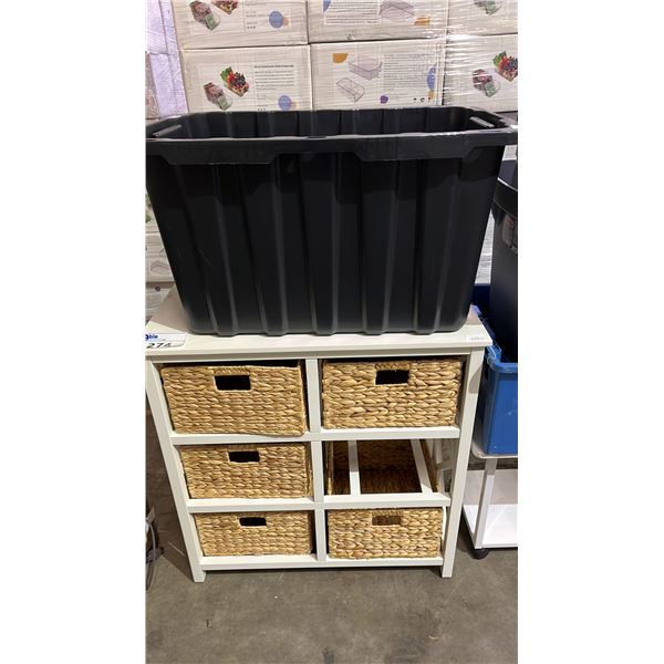 6 CUBBY STORAGE UNIT (30.5T X 29"W X 15.5"D)  WITH (5) BASKETS & A COLLECTION OF TOTES WITH NO LIDS