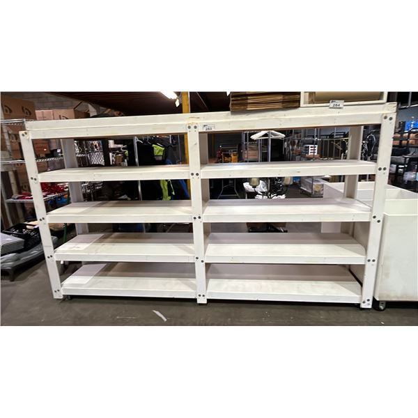 LARGE WHITE WOODEN SHELVING UNIT: APPROX. 121"W X 70.75"T X 25.5" *CONTENTS NOT INCLUDED*