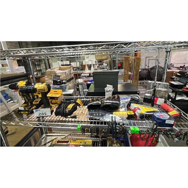 SHELF OF ASSORTED TOOLS: CORDLESS DRILLS, BATTERIES, CHARGER, MAGNETIC TOOL HOLDERS & MORE