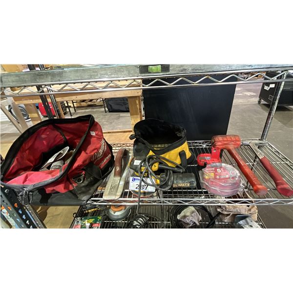 SHELF OF ASSORTED TOOLS: (2) SOFT TOOL BAGS W/CONTENTS, PALM SANDER, MALLET, HAMMER & MORE