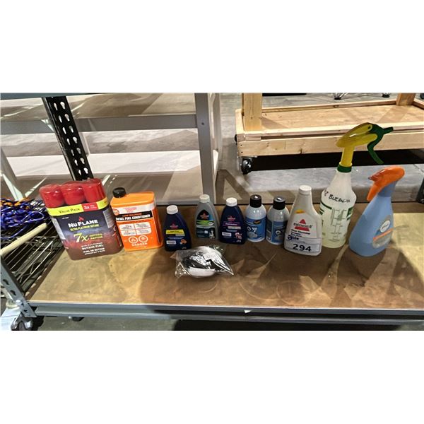 SHELF OF ASSORTED FLOOR CLEANER, AIR FRESHENER, BUTANE, DIESEL CONDITIONER & MORE