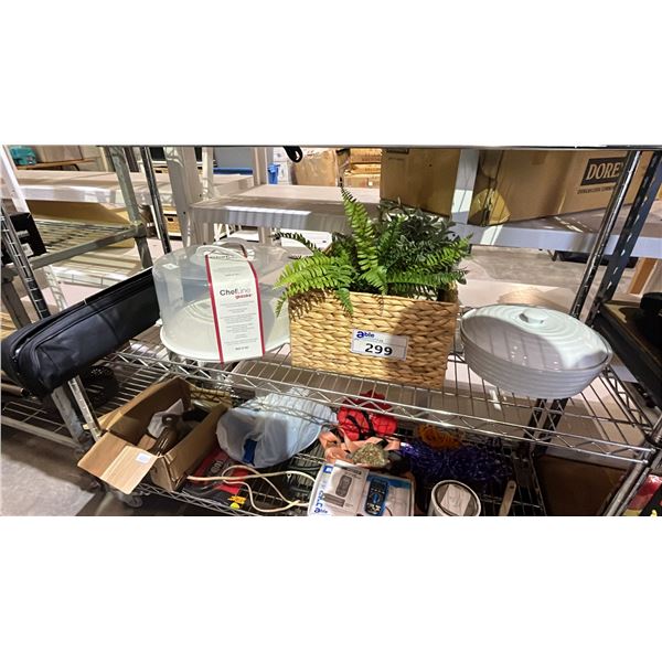 FAUX FERNS, WICKER BASKET, LIDDED CASSEROLE DISH, HIGH DOME PORTABLE CAKE DISH & TRIPOD IN SOFT CASE