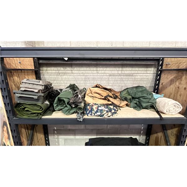 SHELF OF TARPS, BED ROLL, CAMO FITTED SHEET, 4-CAN AMMO CRATE & MORE