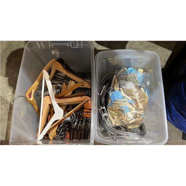 (2) TOTES OF CLOTHES PINS, CLOTHESLINE & HANGERS