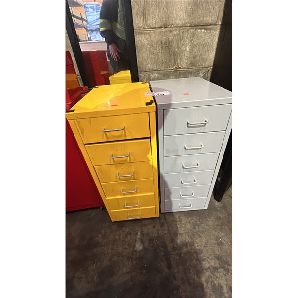 (2) SMALL MOBILE METAL STORAGE CABINETS: 27"T X 11"W X 16"D *TOP DRAWER OF YELLOW CABINET IS STUCK*