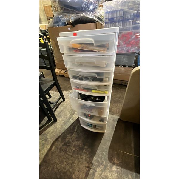 7-DRAWER PLASTIC STORAGE CART & CONTENTS: