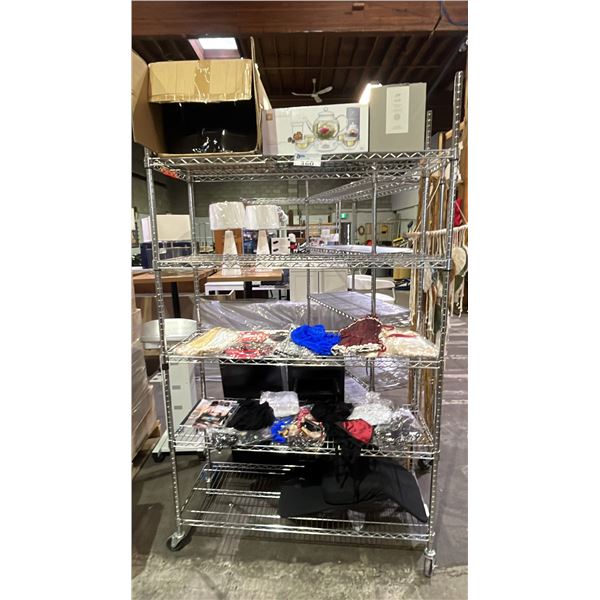 RACK OF ASSORTED COSTUME PIECES, MAKEUP, FLOWERING TEA SET, SAJE DIFFUSER KIT & MORE