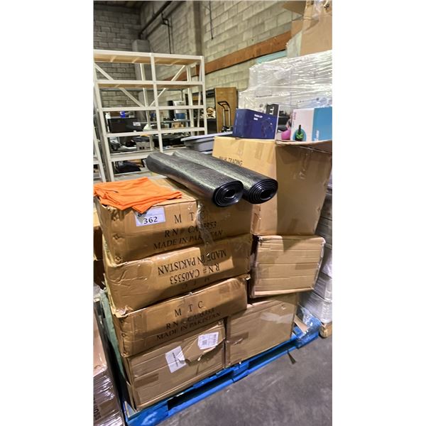 PALLET OF ASSORTED CLOTHING, AB WHEELS, PUSH UP BARS, GYM BALLS & MORE *MUST TAKE ALL ON PALLET*