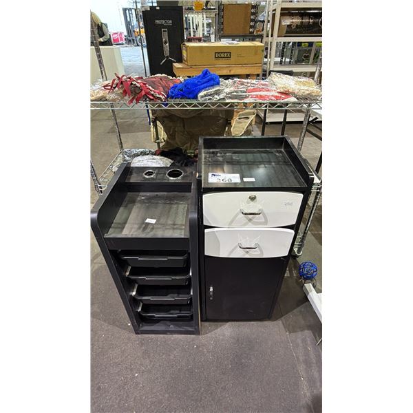 MOBILE STORAGE CABINET & 4-DRAWER SALON WORKSTATION *CABINET IS MISSING 1 WHEEL*