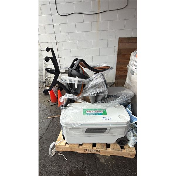 PALLET OF OFFICE CHAIRS, LARGE COOLER, PARTIAL BAG OF ICE MELTER & MORE *MUST TAKE ALL ON PALLET*