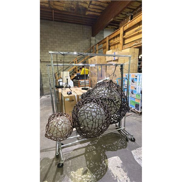 (2) MOBILE CLOTHING RACKS & (3) LARGE GLOBE PENDANT LIGHTS: