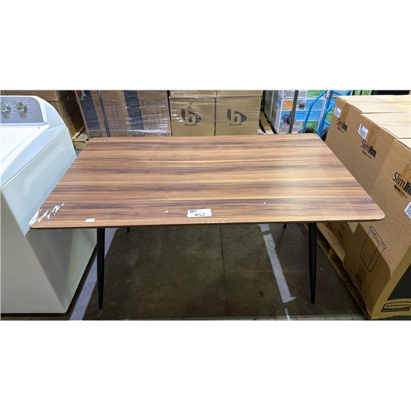 WOOD TABLE WITH METAL LEGS: APPROX. 59" X 35.5" *TABLE TOP HAS SOME NICKS & SCRATCHES*