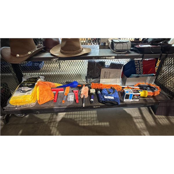 SHELF OF ASSORTED DUSTERS, WASH MITT, ICE SCRAPER, MICROFIBER TOWELS & MORE