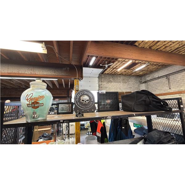 SHELF OF HARLEY DAVIDSON BRANDED ITEMS; BEVERAGE DISPENSER, KEY RACK, DUFFLE BAG & MORE