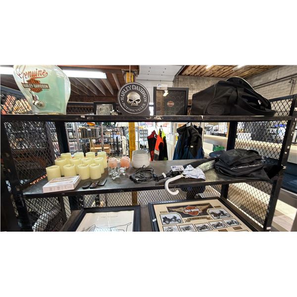 SHELF OF BATTERY OPERATED WAX CANDLES, BATTERY OPERATED TEA LIGHTS, SALT LAMPS, UMBRELLAS & MORE