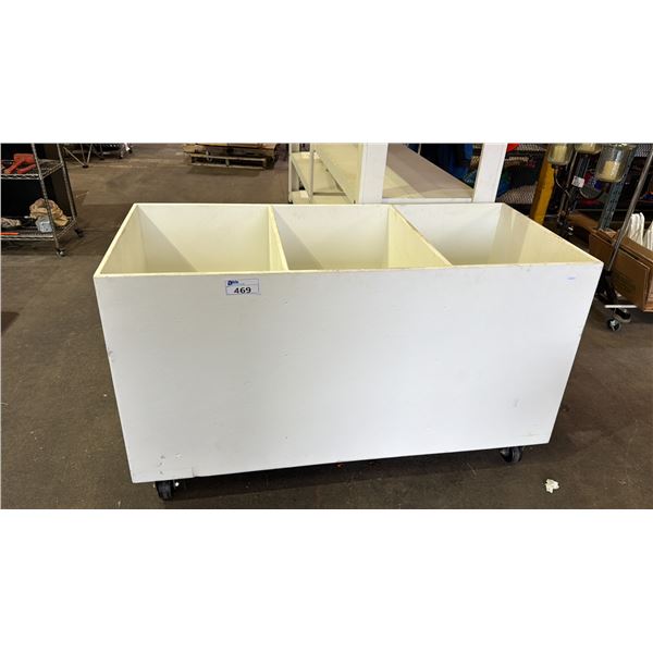 LARGE MOBILE WOOD 3-SECTION STORAGE BIN: APPROX 64"W X 28"D X 37"T