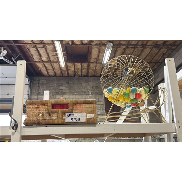 MANUAL BINGO CAGE & BASKET OF BINGO CARDS, STREAMERS, CHINESE NEW YEAR CANDY BOX & MORE