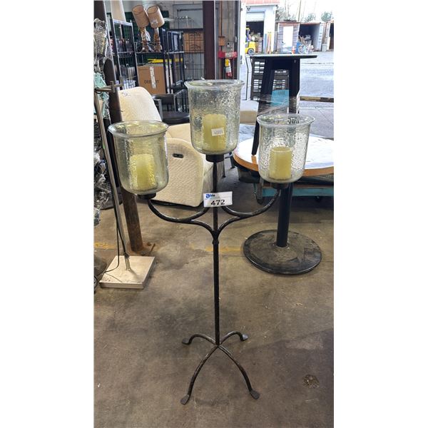 3 ARM FLOOR STANDING BLACK METAL CANDELABRA WITH (3) BATTERY OPERATED WAX CANDLES: 49" TALL