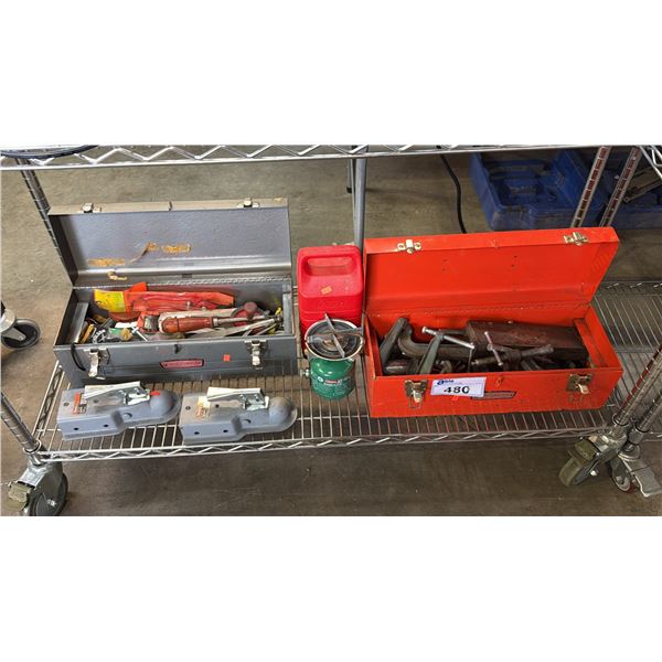 SHELF OF TOOLBOXES WITH CONTENTS, COUPLERS, COLEMAN EASY-LITE STOVE & COLEMAN LANTERN CARRY CASE