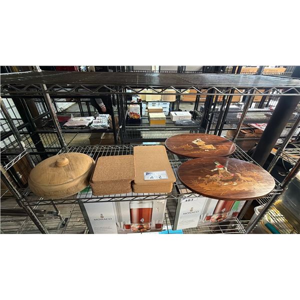 WOOD LIDDED BOWL, CORK PADS & (2) OVAL WOOD INLAY PLAQUES