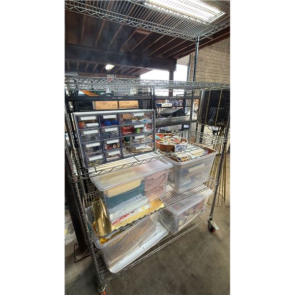 RACK OF ASSORTED SEWING SUPPLIES: THREAT, BUTTONS, FABRIC PIECES & MORE