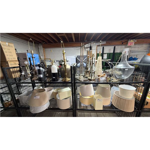 4 SHELVES OF ASSORTED TABLE LAMPS & SHADES