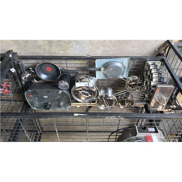 SHELF OF ASSORTED POTS, PANS, SPICE RACK & MEASURING CUPS