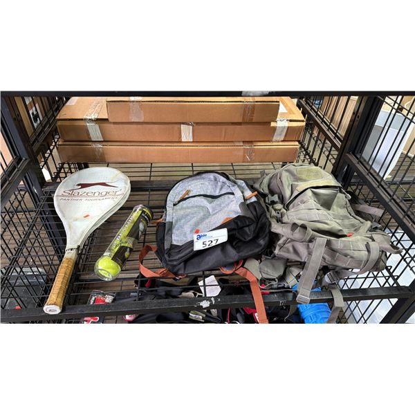 (2) BACK PACKS, SLAZENGER TENNIS RACKET WITH COVER & SLEEVE OF DUNLOP TENNIS BALLS