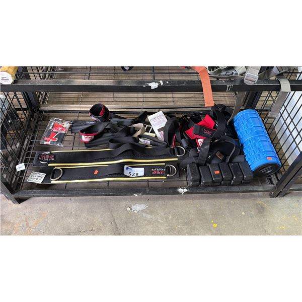 SHELF OF ASSORTED FITNESS ITEMS: WEIGHT BELTS, VEST WEIGHTS, TEXTURED FOAM ROLLER & MORE