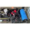 Image 3 : SHELF OF ASSORTED FITNESS ITEMS: WEIGHT BELTS, VEST WEIGHTS, TEXTURED FOAM ROLLER & MORE