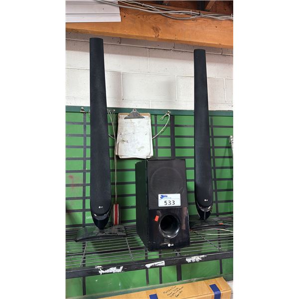 LG SUBWOOFER (NO CABLES) & (2) LG TOWER SPEAKERS (ONE HAS NO CABLES)